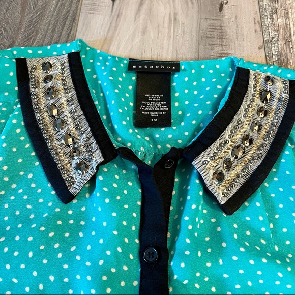 Metaphor Polka Dot Blouse Small Metallic Embellished Beaded Collar Turquoise - Picture 3 of 5